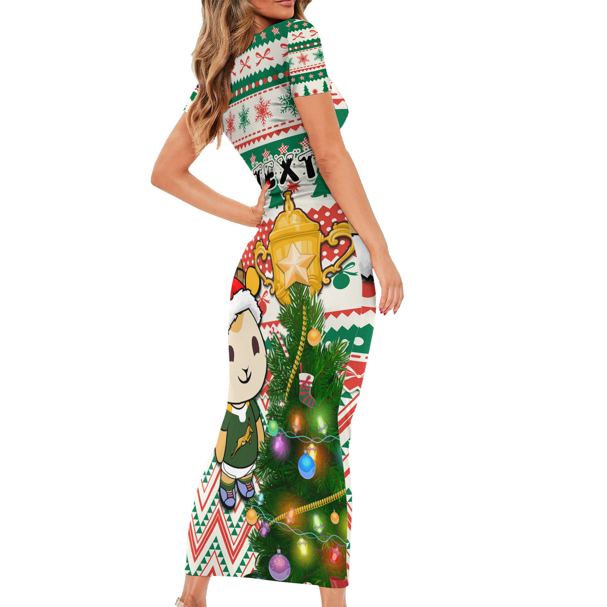 Personalised South Africa Rugby Christmas Short Sleeve Bodycon Dress Cute Springbok With Christmas Tree - Wonder Print Shop