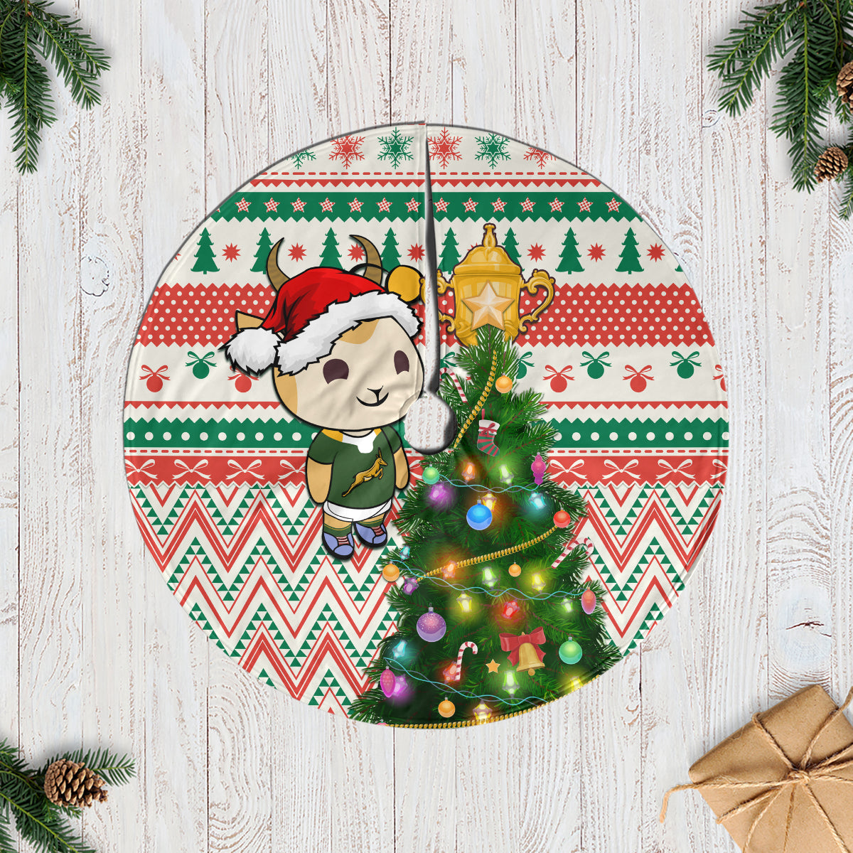 South Africa Rugby Christmas Tree Skirt Cute Springbok With Christmas Tree - Wonder Print Shop