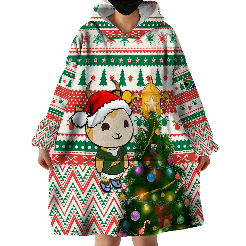Personalised South Africa Rugby Christmas Wearable Blanket Hoodie Cute Springbok With Christmas Tree - Wonder Print Shop