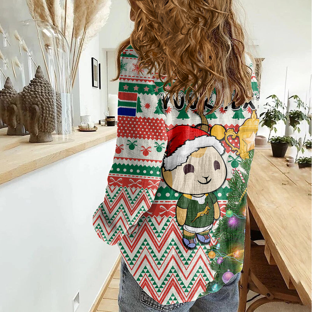 Personalised South Africa Rugby Christmas Women Casual Shirt Cute Springbok With Christmas Tree - Wonder Print Shop