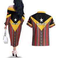 Personalized East Timor Couples Matching Off The Shoulder Long Sleeve Dress and Hawaiian Shirt Timor-Leste Tais Pattern - Wonder Print Shop