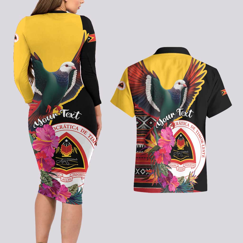 Personalized Timor-Leste Couples Matching Long Sleeve Bodycon Dress and Hawaiian Shirt Timor Imperial Pigeon Hibiscus - Wonder Print Shop