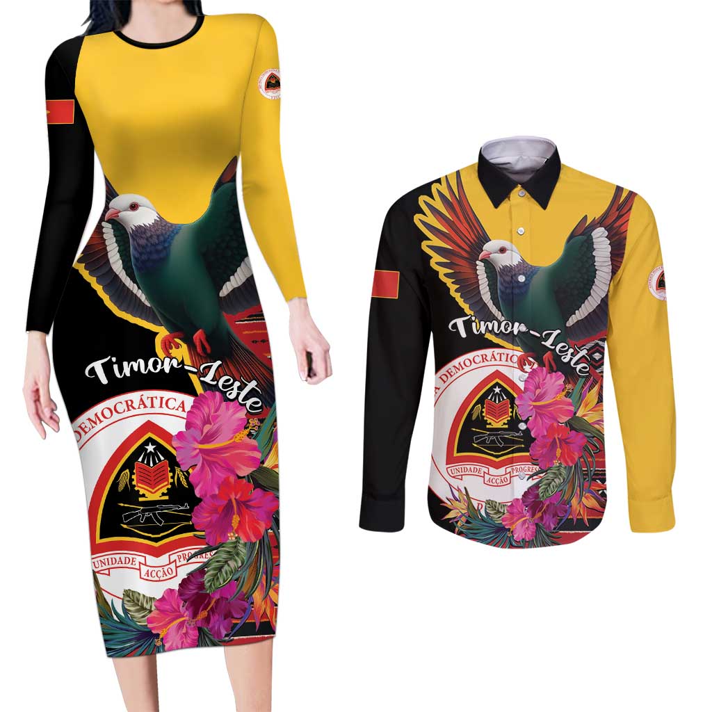 Personalized Timor-Leste Couples Matching Long Sleeve Bodycon Dress and Long Sleeve Button Shirt Timor Imperial Pigeon Hibiscus - Wonder Print Shop