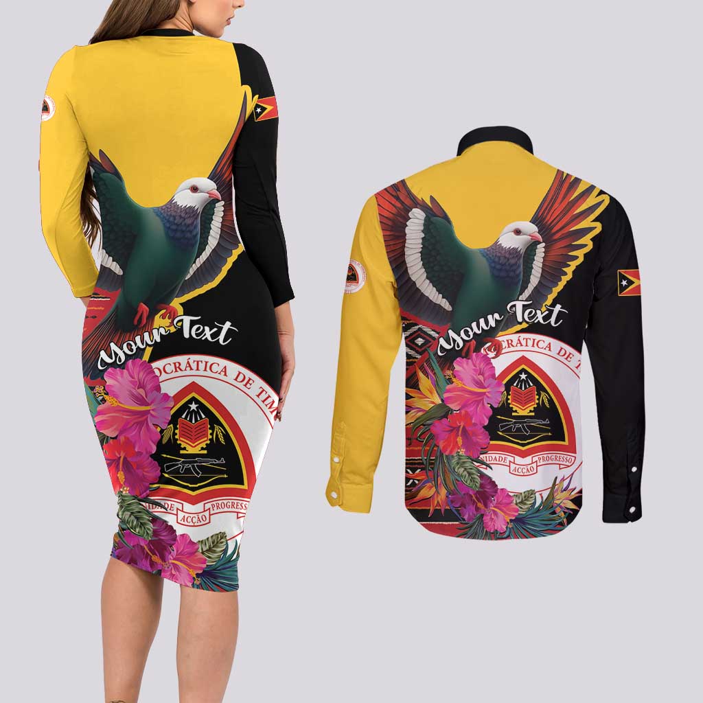 Personalized Timor-Leste Couples Matching Long Sleeve Bodycon Dress and Long Sleeve Button Shirt Timor Imperial Pigeon Hibiscus - Wonder Print Shop