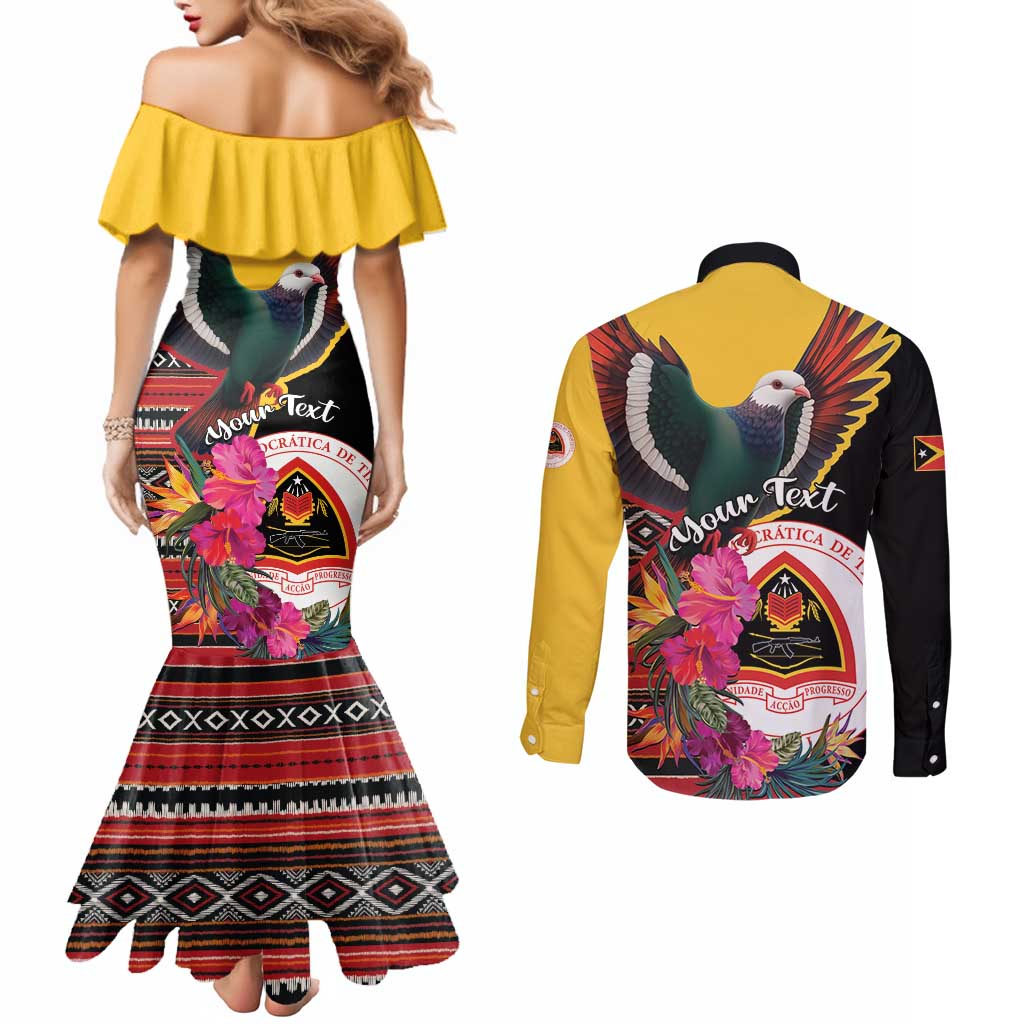 Personalized Timor-Leste Couples Matching Mermaid Dress and Long Sleeve Button Shirt Timor Imperial Pigeon Hibiscus