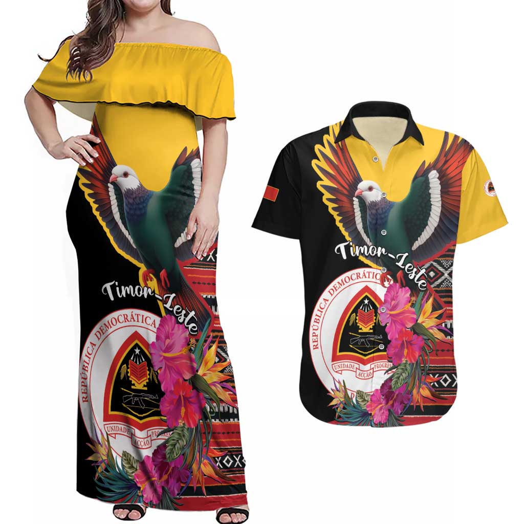 Personalized Timor-Leste Couples Matching Off Shoulder Maxi Dress and Hawaiian Shirt Timor Imperial Pigeon Hibiscus - Wonder Print Shop