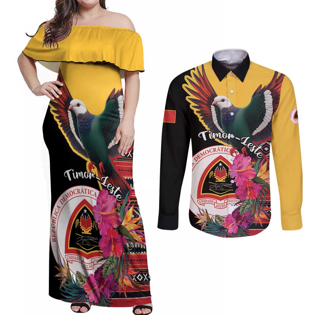 Personalized Timor-Leste Couples Matching Off Shoulder Maxi Dress and Long Sleeve Button Shirt Timor Imperial Pigeon Hibiscus - Wonder Print Shop