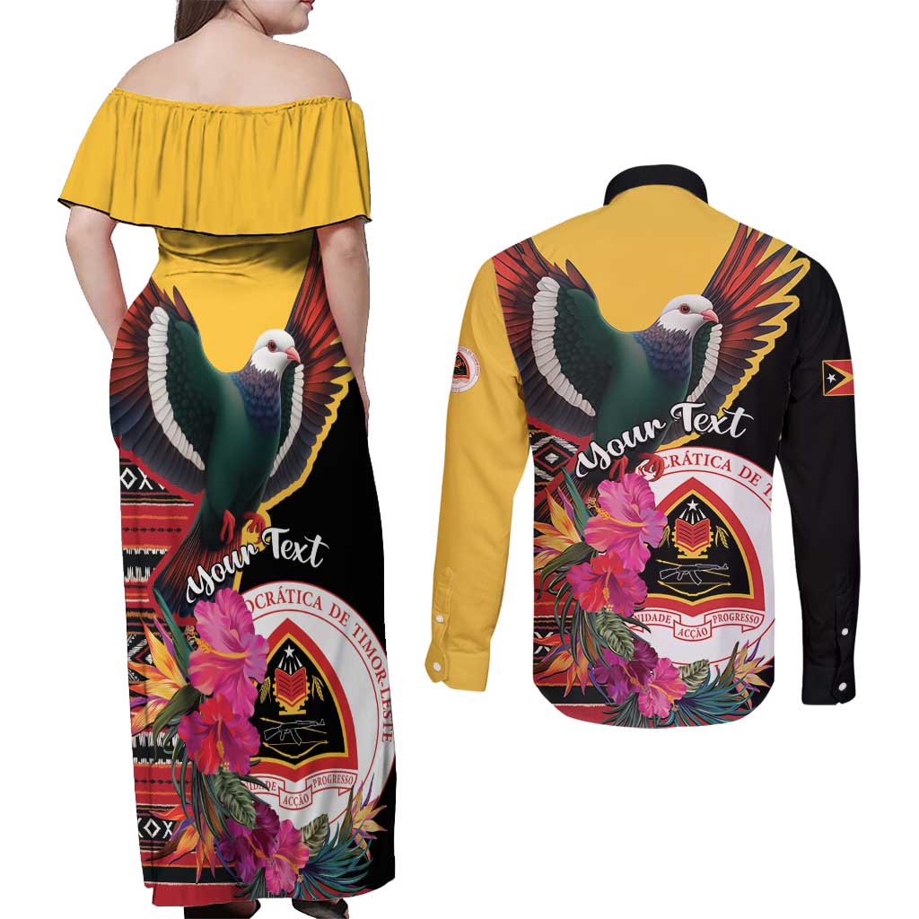Personalized Timor-Leste Couples Matching Off Shoulder Maxi Dress and Long Sleeve Button Shirt Timor Imperial Pigeon Hibiscus - Wonder Print Shop