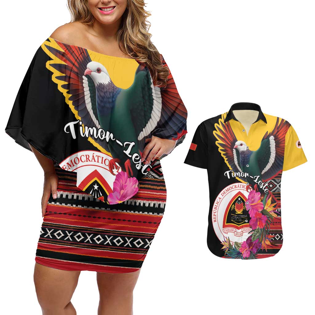 Personalized Timor-Leste Couples Matching Off Shoulder Short Dress and Hawaiian Shirt Timor Imperial Pigeon Hibiscus - Wonder Print Shop