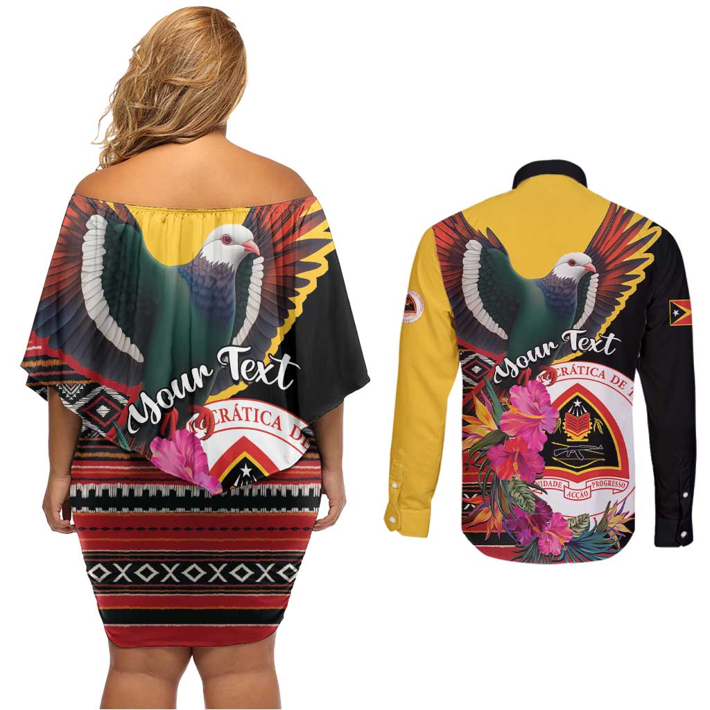Personalized Timor-Leste Couples Matching Off Shoulder Short Dress and Long Sleeve Button Shirt Timor Imperial Pigeon Hibiscus - Wonder Print Shop