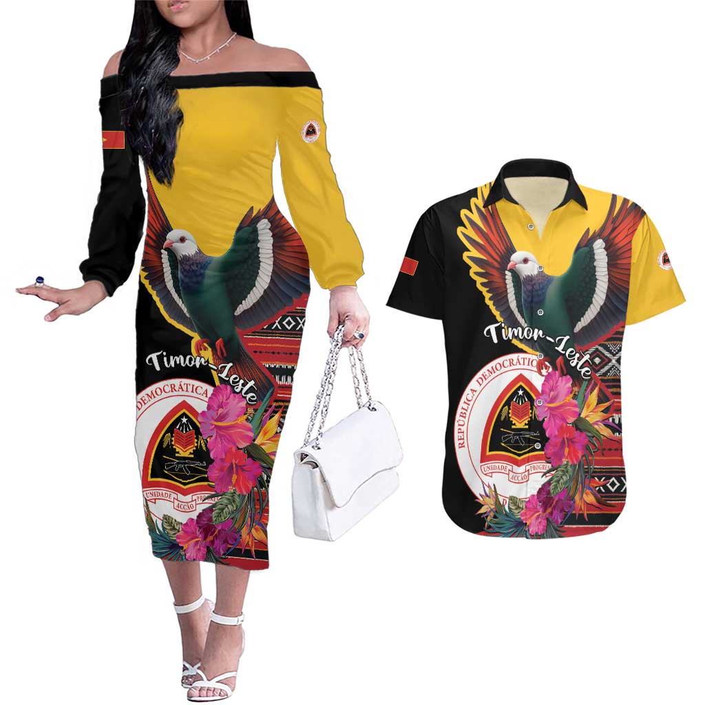 Personalized Timor-Leste Couples Matching Off The Shoulder Long Sleeve Dress and Hawaiian Shirt Timor Imperial Pigeon Hibiscus - Wonder Print Shop
