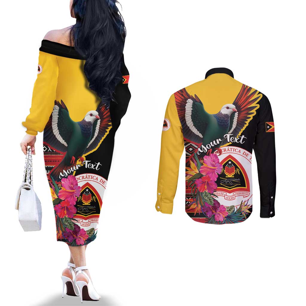 Personalized Timor-Leste Couples Matching Off The Shoulder Long Sleeve Dress and Long Sleeve Button Shirt Timor Imperial Pigeon Hibiscus