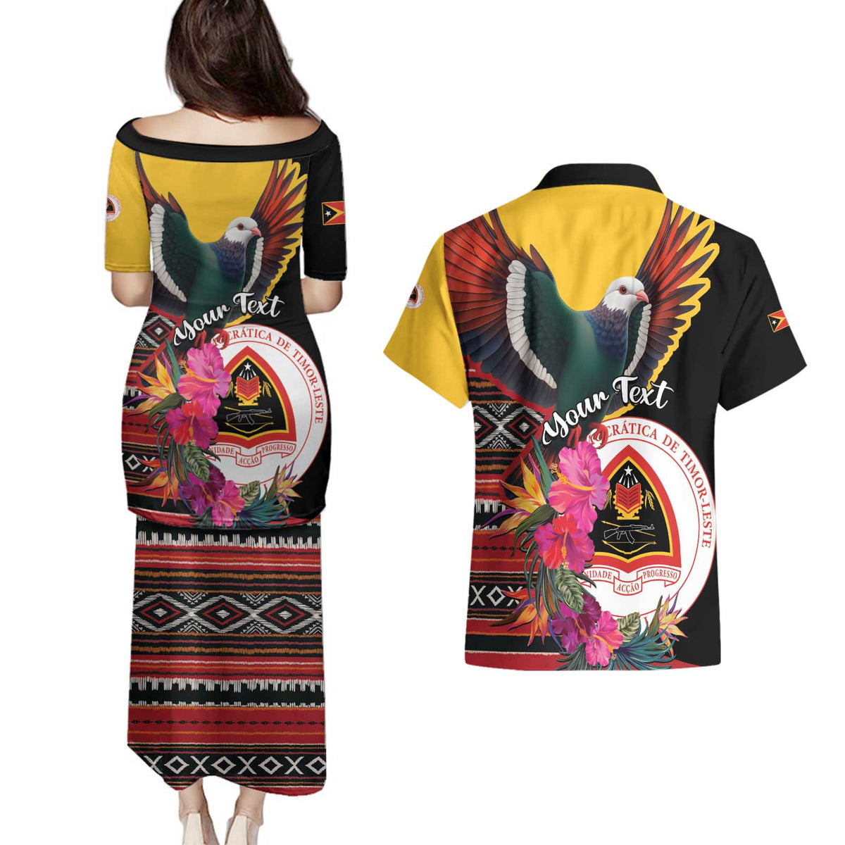 Personalized Timor-Leste Couples Matching Puletasi and Hawaiian Shirt Timor Imperial Pigeon Hibiscus - Wonder Print Shop
