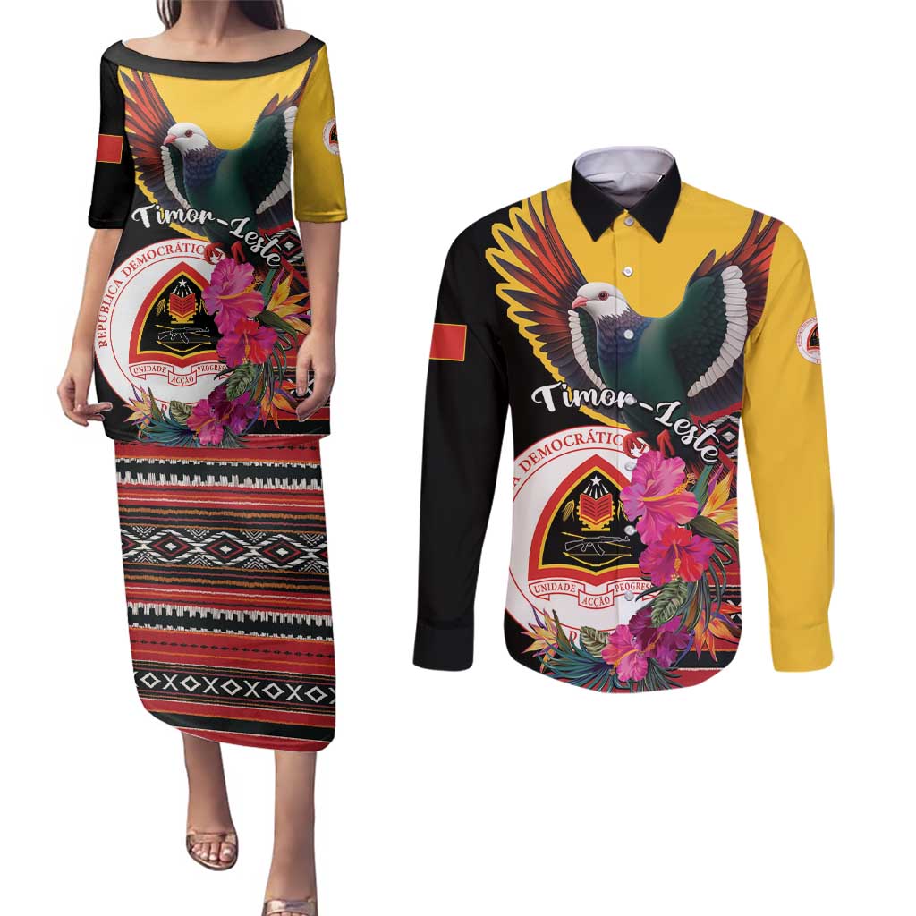 Personalized Timor-Leste Couples Matching Puletasi and Long Sleeve Button Shirt Timor Imperial Pigeon Hibiscus - Wonder Print Shop