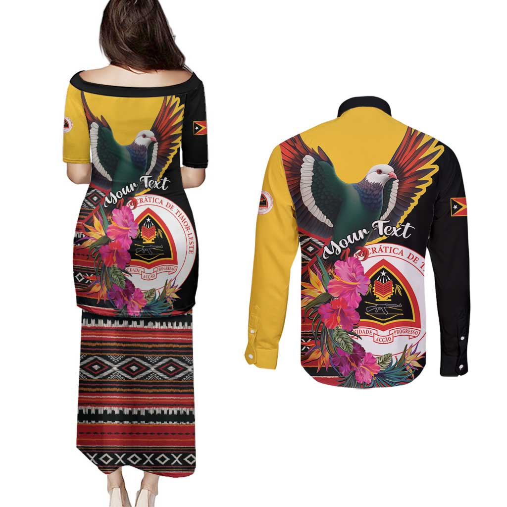 Personalized Timor-Leste Couples Matching Puletasi and Long Sleeve Button Shirt Timor Imperial Pigeon Hibiscus - Wonder Print Shop