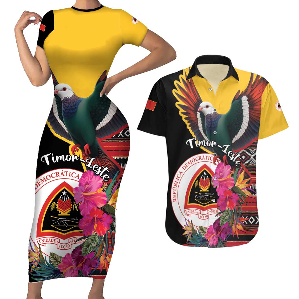 Personalized Timor-Leste Couples Matching Short Sleeve Bodycon Dress and Hawaiian Shirt Timor Imperial Pigeon Hibiscus - Wonder Print Shop