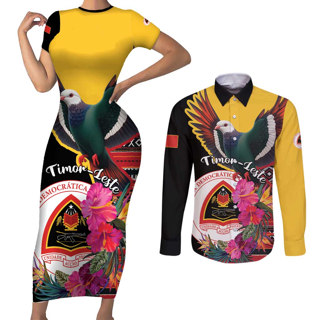 Personalized Timor-Leste Couples Matching Short Sleeve Bodycon Dress and Long Sleeve Button Shirt Timor Imperial Pigeon Hibiscus - Wonder Print Shop