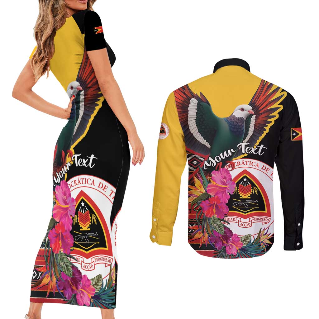 Personalized Timor-Leste Couples Matching Short Sleeve Bodycon Dress and Long Sleeve Button Shirt Timor Imperial Pigeon Hibiscus - Wonder Print Shop