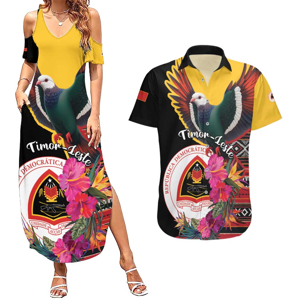 Personalized Timor-Leste Couples Matching Summer Maxi Dress and Hawaiian Shirt Timor Imperial Pigeon Hibiscus - Wonder Print Shop