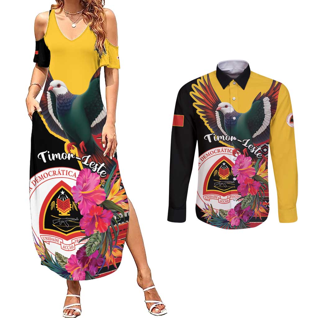Personalized Timor-Leste Couples Matching Summer Maxi Dress and Long Sleeve Button Shirt Timor Imperial Pigeon Hibiscus - Wonder Print Shop