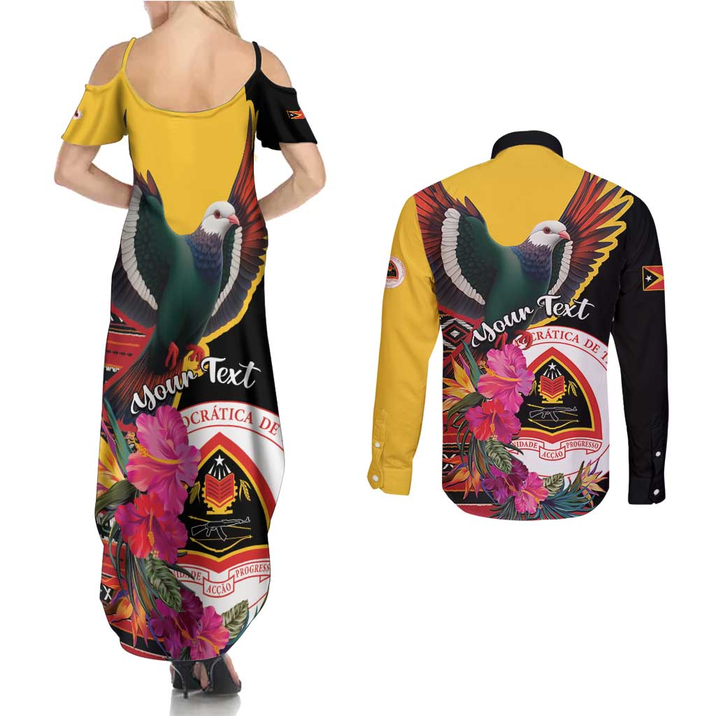 Personalized Timor-Leste Couples Matching Summer Maxi Dress and Long Sleeve Button Shirt Timor Imperial Pigeon Hibiscus - Wonder Print Shop