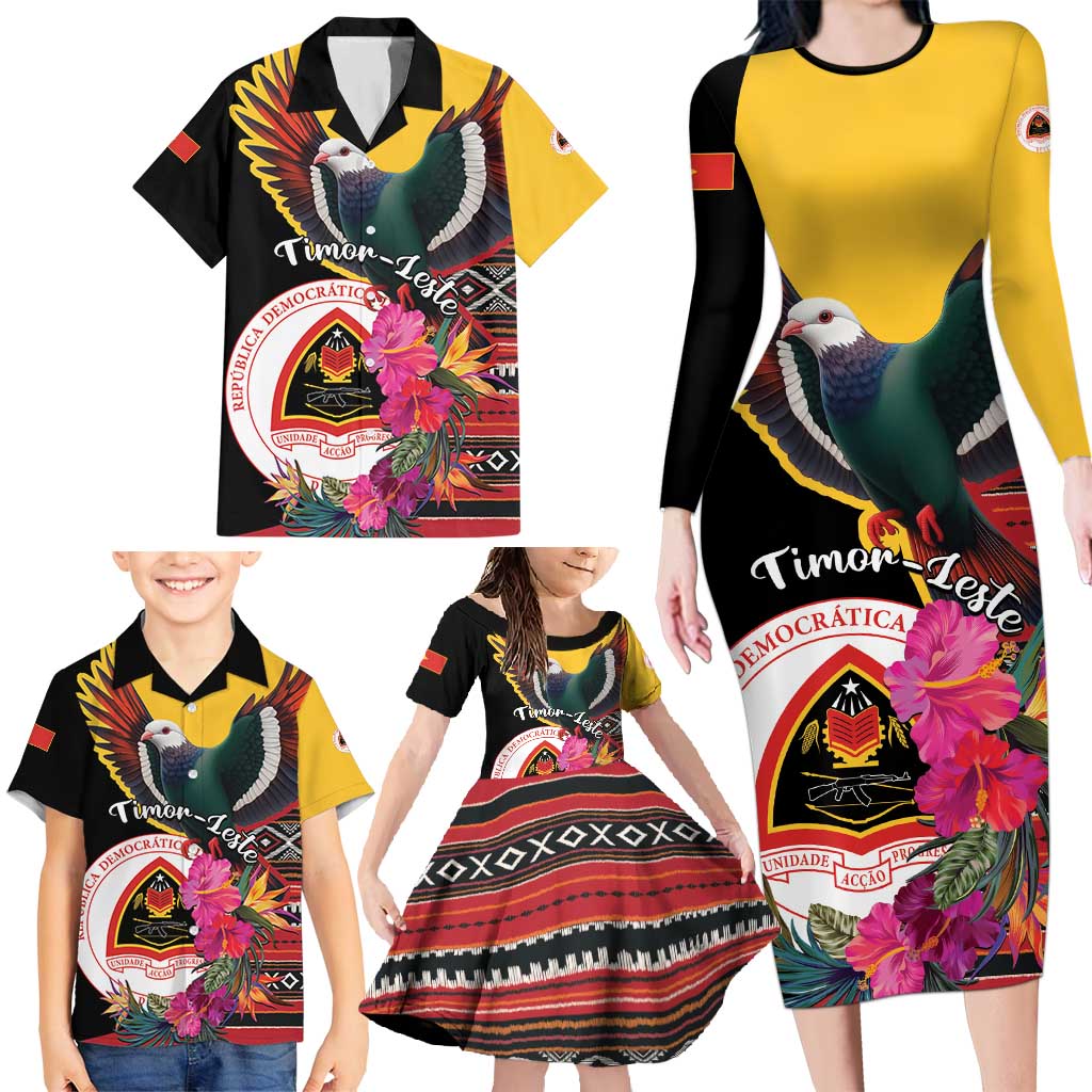 Personalized Timor-Leste Family Matching Long Sleeve Bodycon Dress and Hawaiian Shirt Timor Imperial Pigeon Hibiscus - Wonder Print Shop