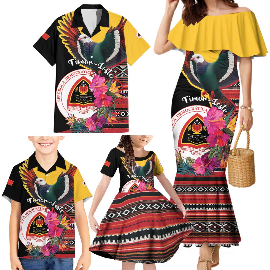 Personalized Timor-Leste Family Matching Mermaid Dress and Hawaiian Shirt Timor Imperial Pigeon Hibiscus - Wonder Print Shop