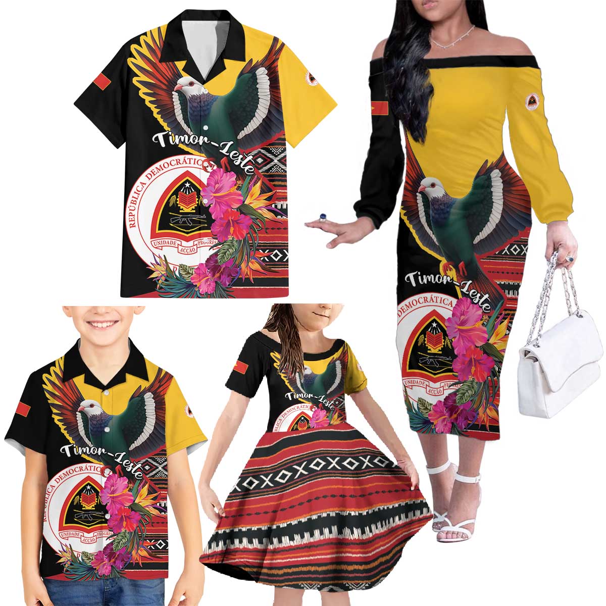 Personalized Timor-Leste Family Matching Off The Shoulder Long Sleeve Dress and Hawaiian Shirt Timor Imperial Pigeon Hibiscus - Wonder Print Shop
