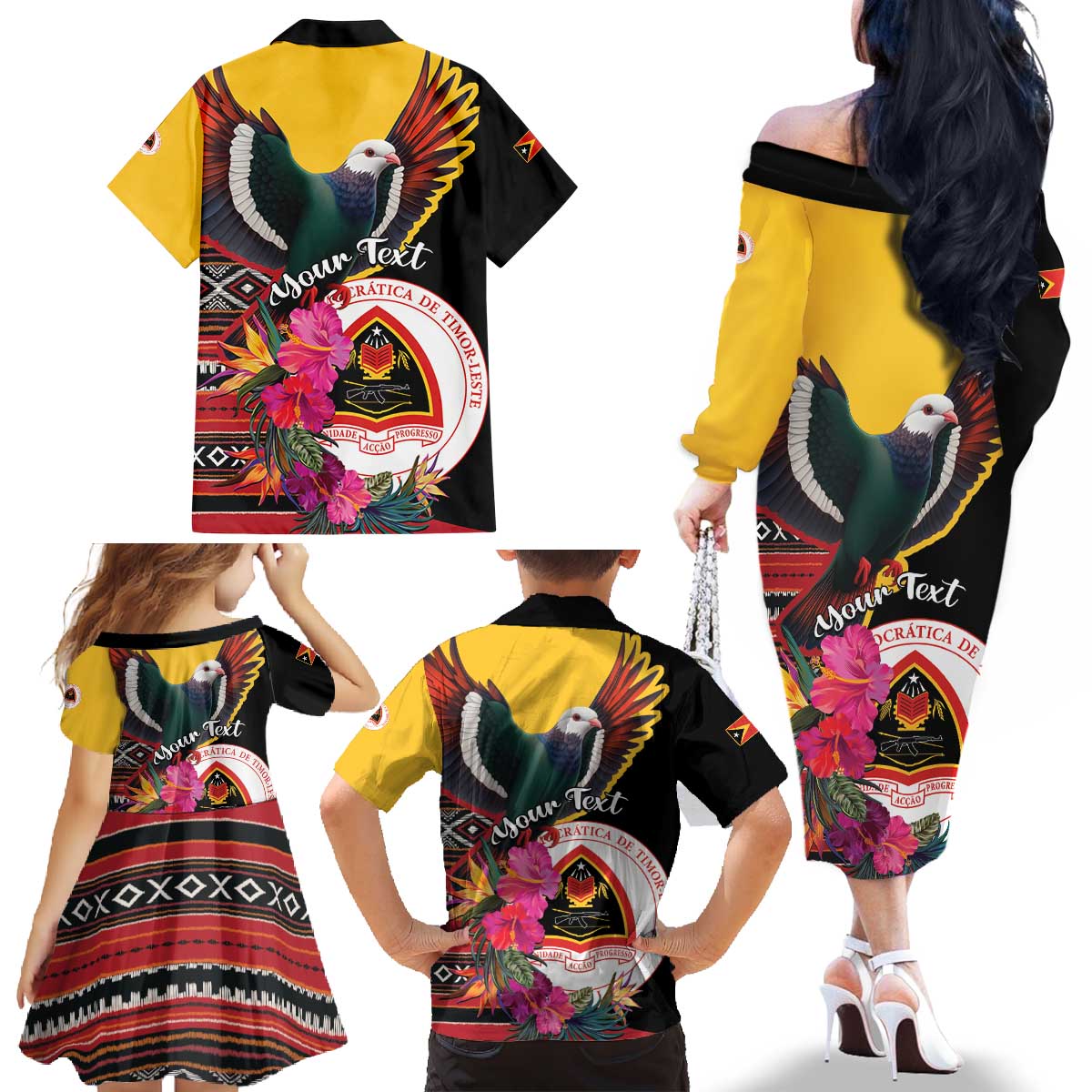 Personalized Timor-Leste Family Matching Off The Shoulder Long Sleeve Dress and Hawaiian Shirt Timor Imperial Pigeon Hibiscus - Wonder Print Shop