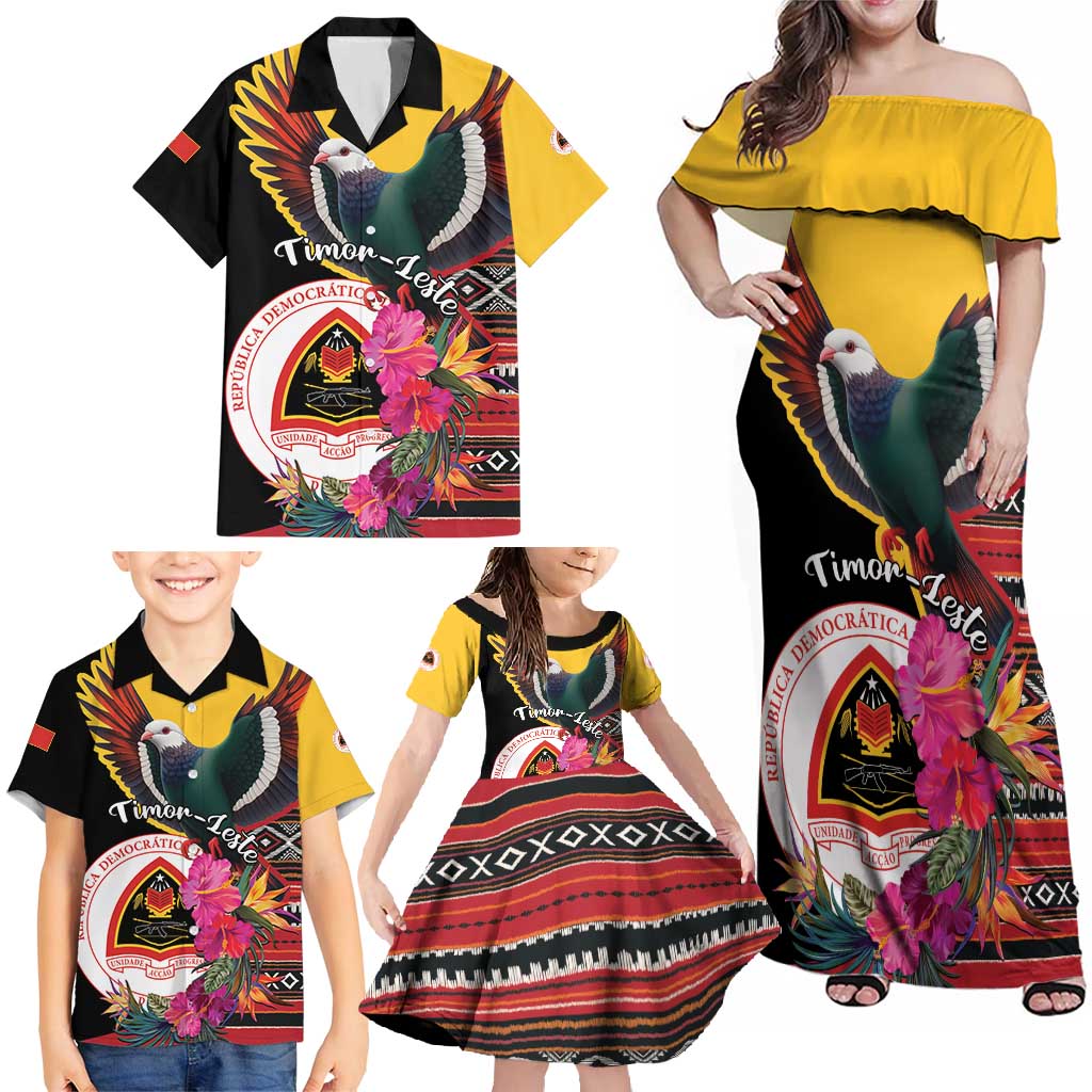Personalized Timor-Leste Family Matching Off Shoulder Maxi Dress and Hawaiian Shirt Timor Imperial Pigeon Hibiscus - Wonder Print Shop
