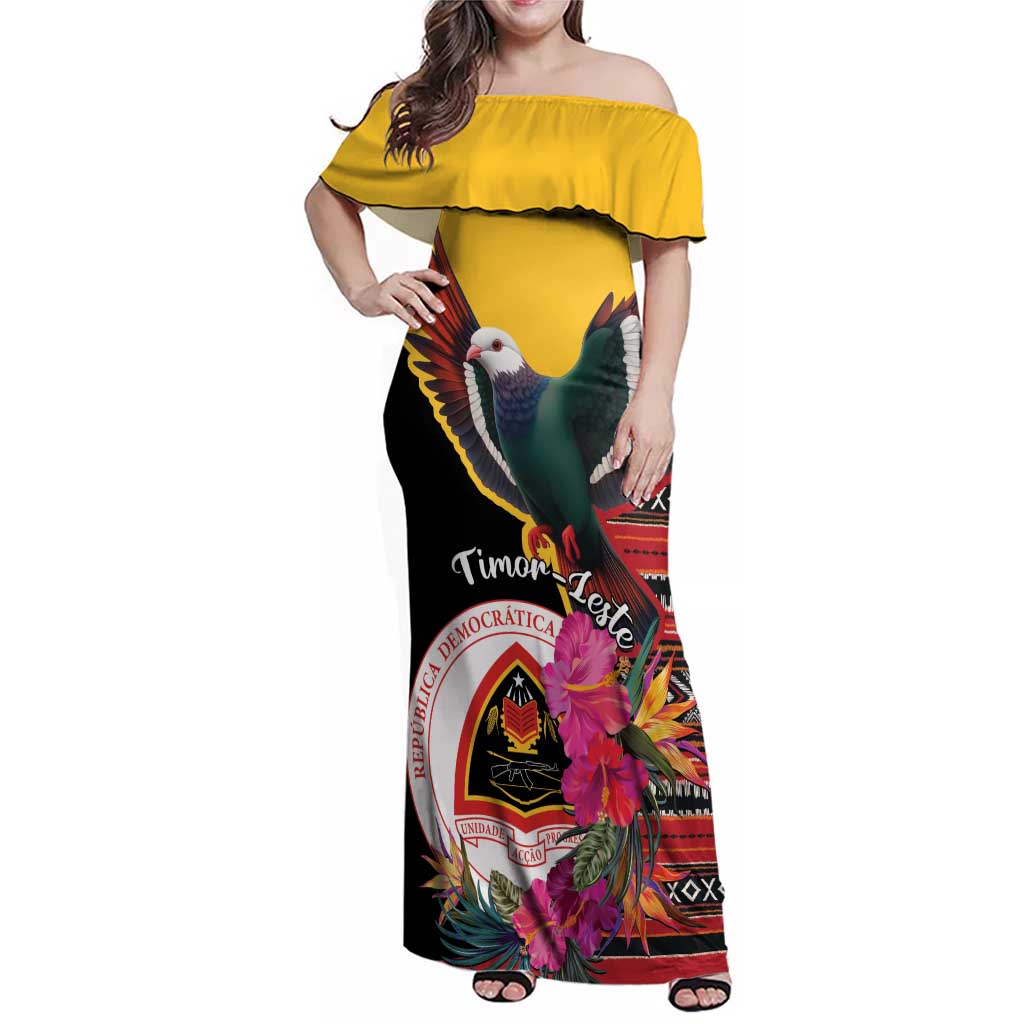 Personalized Timor-Leste Family Matching Off Shoulder Maxi Dress and Hawaiian Shirt Timor Imperial Pigeon Hibiscus - Wonder Print Shop