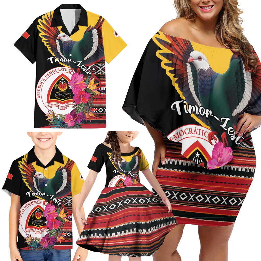 Personalized Timor-Leste Family Matching Off Shoulder Short Dress and Hawaiian Shirt Timor Imperial Pigeon Hibiscus - Wonder Print Shop