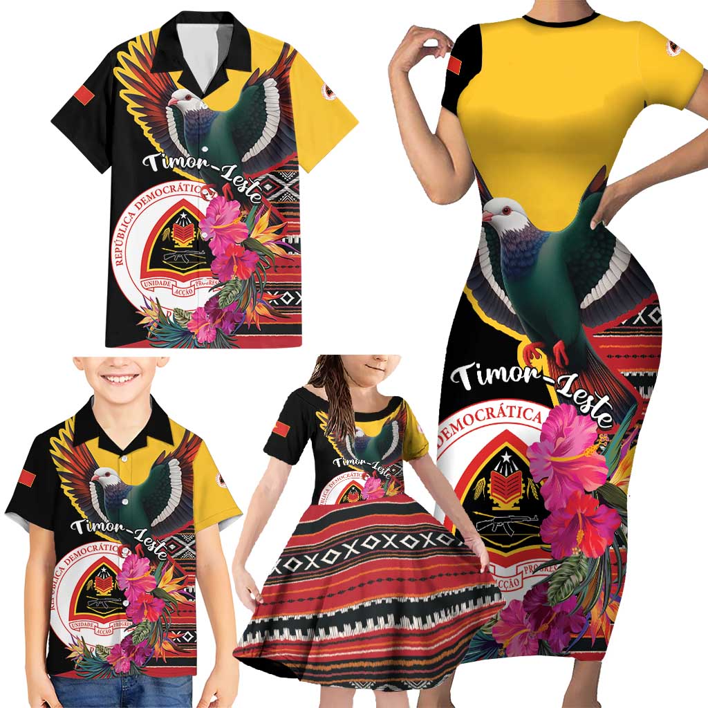 Personalized Timor-Leste Family Matching Short Sleeve Bodycon Dress and Hawaiian Shirt Timor Imperial Pigeon Hibiscus - Wonder Print Shop