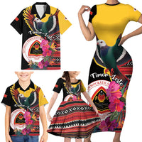 Personalized Timor-Leste Family Matching Short Sleeve Bodycon Dress and Hawaiian Shirt Timor Imperial Pigeon Hibiscus - Wonder Print Shop