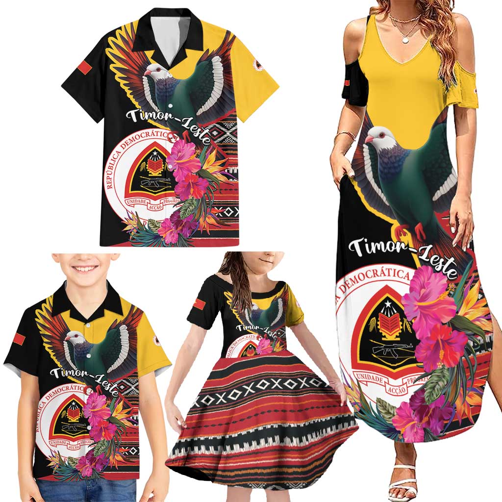 Personalized Timor-Leste Family Matching Summer Maxi Dress and Hawaiian Shirt Timor Imperial Pigeon Hibiscus - Wonder Print Shop