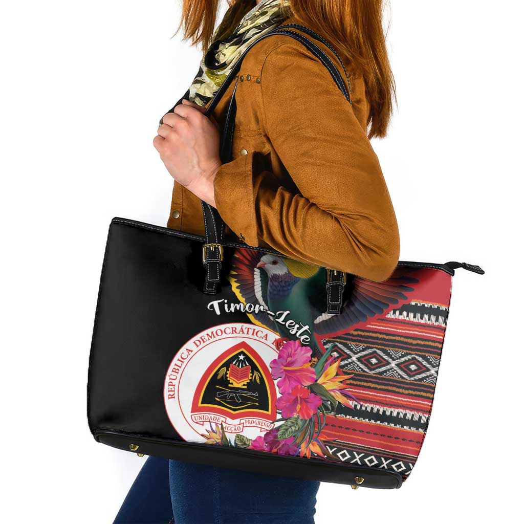Timor-Leste Leather Tote Bag Timor Imperial Pigeon Hibiscus - Wonder Print Shop