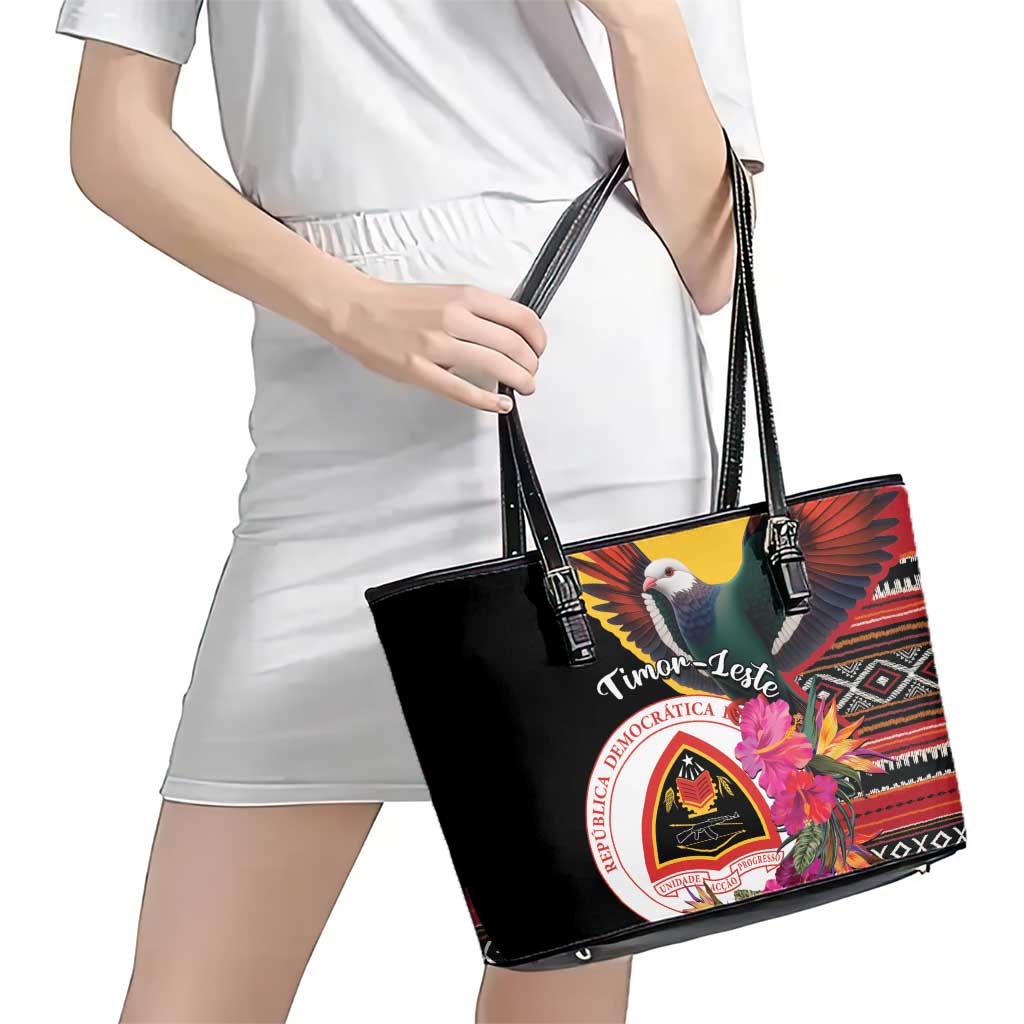 Timor-Leste Leather Tote Bag Timor Imperial Pigeon Hibiscus - Wonder Print Shop