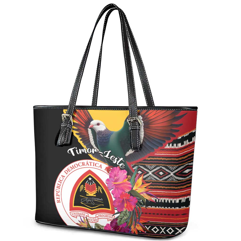 Timor-Leste Leather Tote Bag Timor Imperial Pigeon Hibiscus - Wonder Print Shop