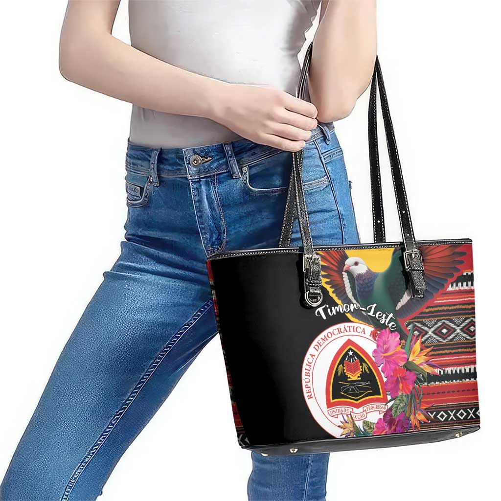 Timor-Leste Leather Tote Bag Timor Imperial Pigeon Hibiscus - Wonder Print Shop