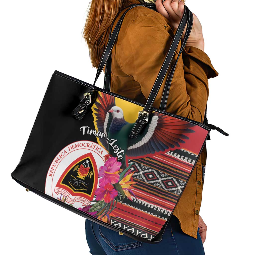 Timor-Leste Leather Tote Bag Timor Imperial Pigeon Hibiscus - Wonder Print Shop