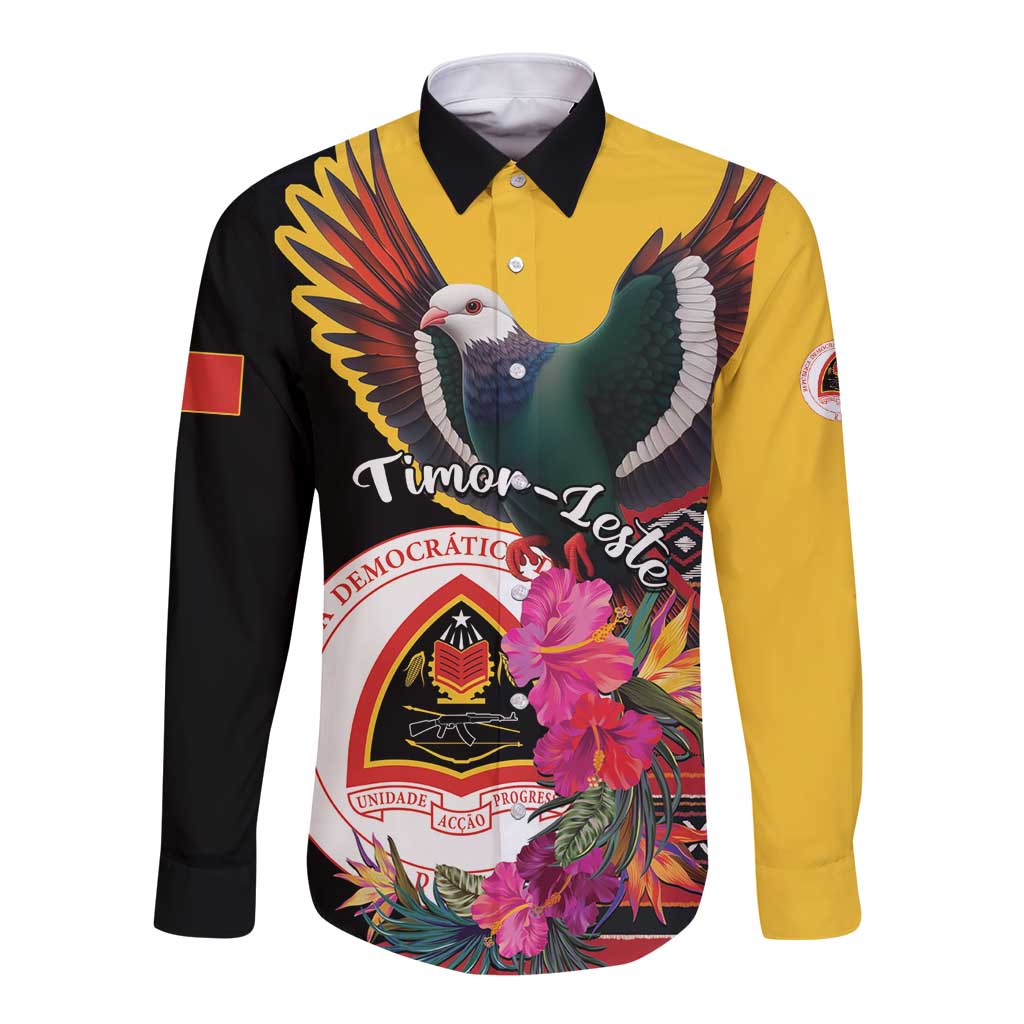 Personalized Timor-Leste Long Sleeve Button Shirt Timor Imperial Pigeon Hibiscus - Wonder Print Shop