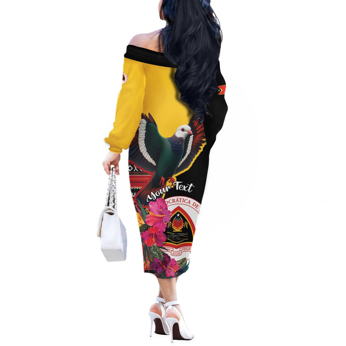 Personalized Timor-Leste Off The Shoulder Long Sleeve Dress Timor Imperial Pigeon Hibiscus - Wonder Print Shop