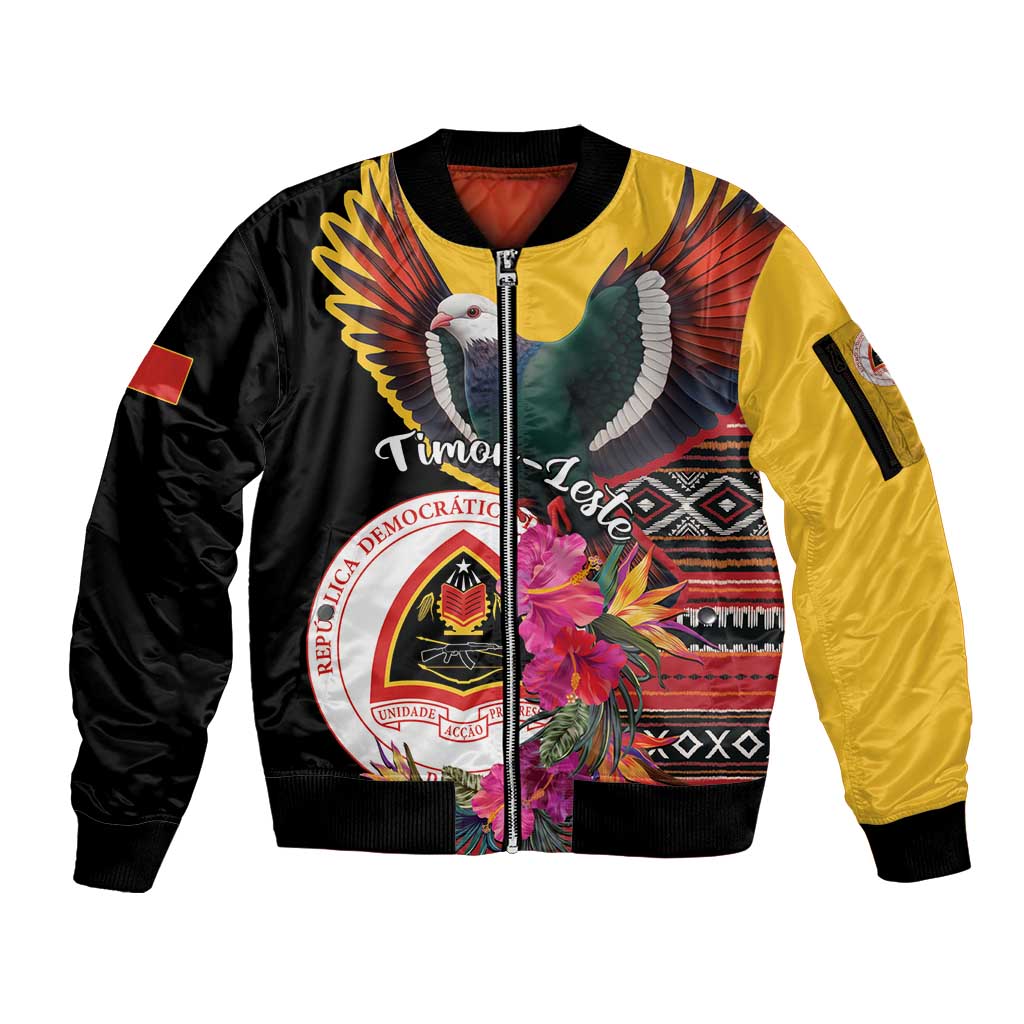 Personalized Timor-Leste Sleeve Zip Bomber Jacket Timor Imperial Pigeon Hibiscus - Wonder Print Shop