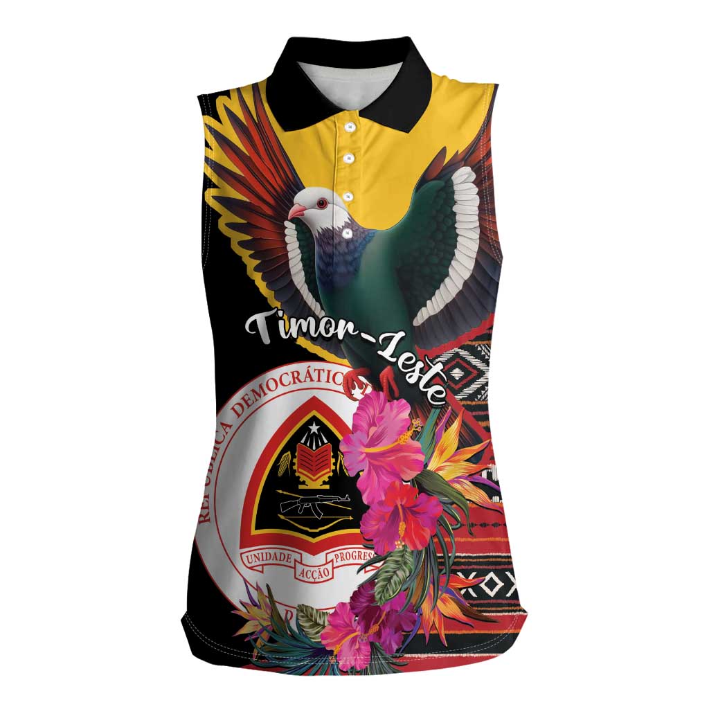 Personalized Timor-Leste Women Sleeveless Polo Shirt Timor Imperial Pigeon Hibiscus - Wonder Print Shop