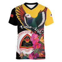Personalized Timor-Leste Women V-Neck T-Shirt Timor Imperial Pigeon Hibiscus - Wonder Print Shop