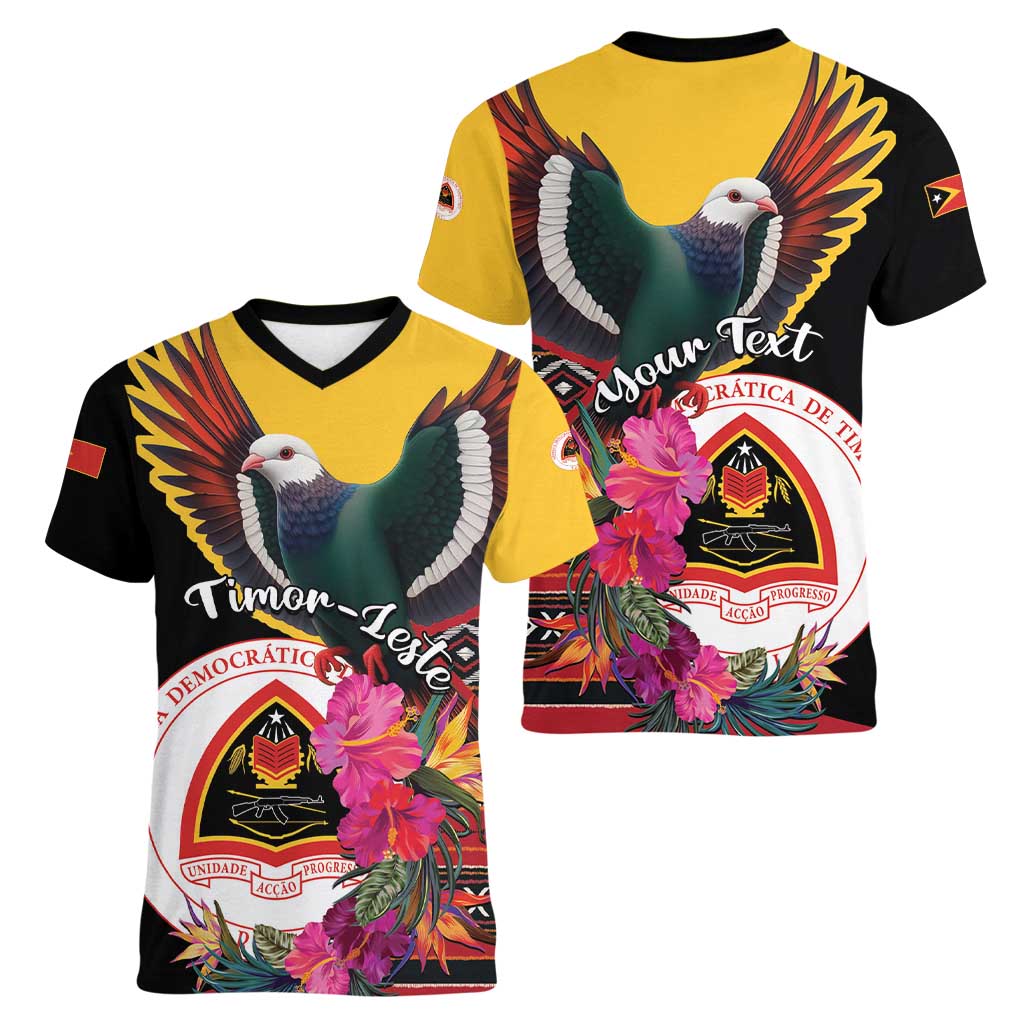 Personalized Timor-Leste Women V-Neck T-Shirt Timor Imperial Pigeon Hibiscus - Wonder Print Shop