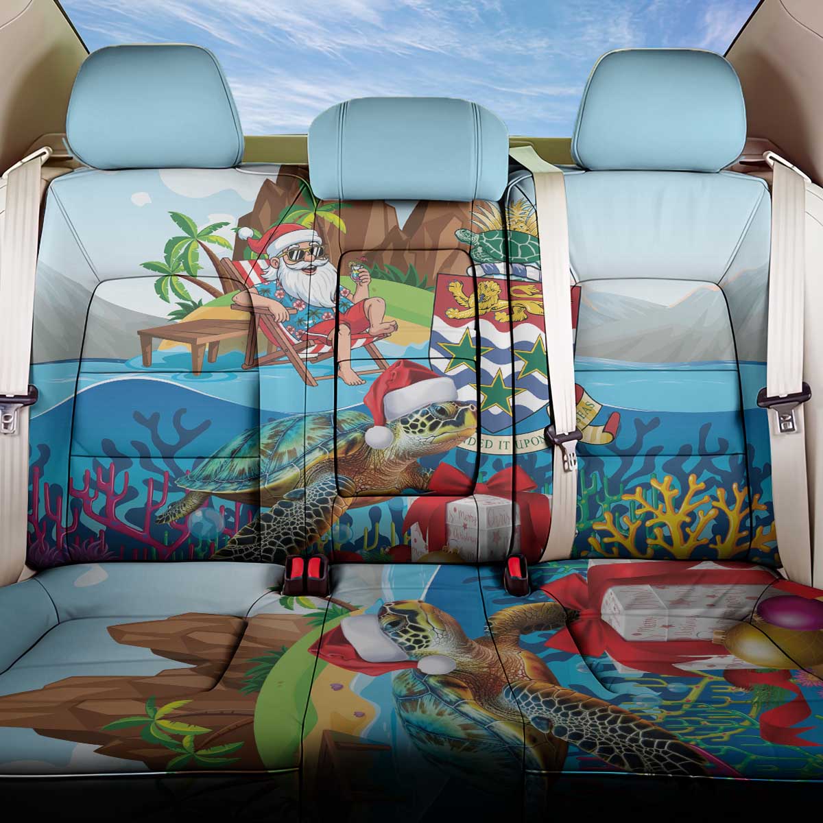 Cayman Islands Christmas Back Car Seat Cover Santa Claus Turtle Beachy Xmas - Wonder Print Shop