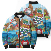 Cayman Islands Christmas Bomber Puffer Jacket Santa Claus Turtle Beachy Xmas - Wonder Print Shop