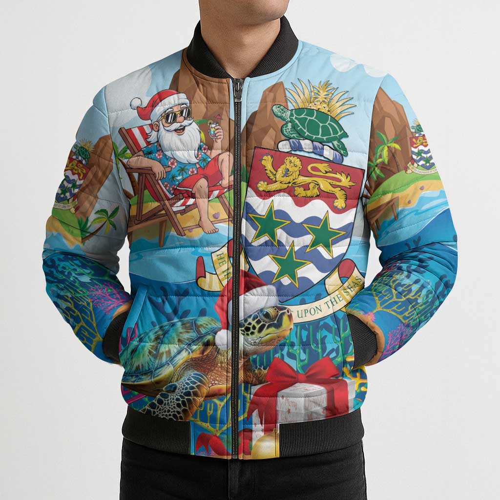 Cayman Islands Christmas Bomber Puffer Jacket Santa Claus Turtle Beachy Xmas - Wonder Print Shop