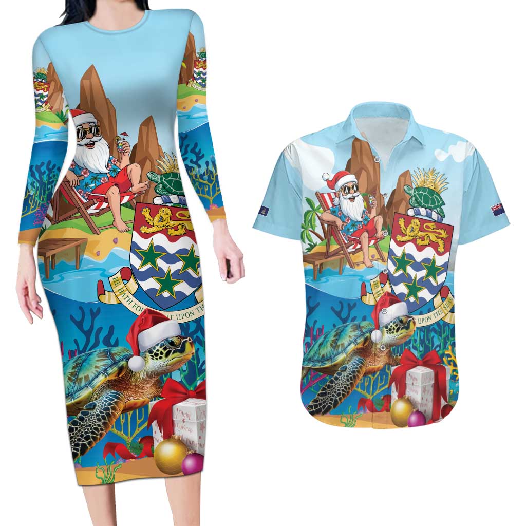 Cayman Islands Christmas Couples Matching Long Sleeve Bodycon Dress and Hawaiian Shirt Santa Claus Turtle Beachy Xmas - Wonder Print Shop